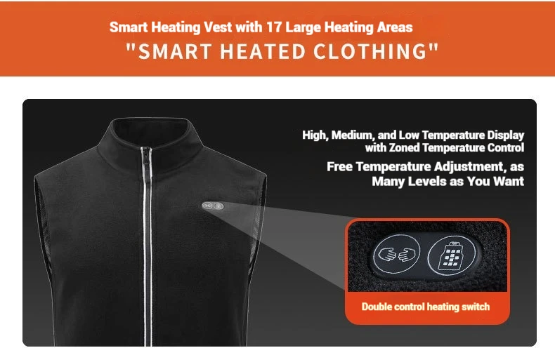 USB-Heizweste für Herren und Damen, elektrische Thermojacke, Polarfleece, Stehkragen, winddicht, reflektierender Reißverschluss, Outdoor-Sport – Detail 7