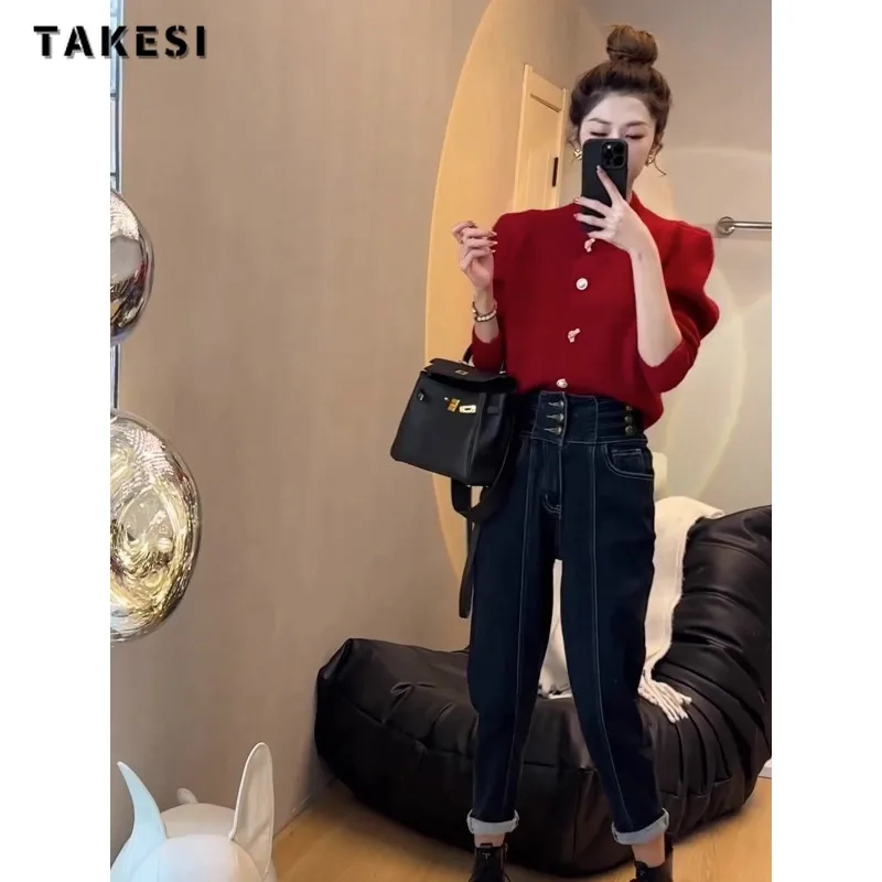 2023 Autumn Winter Vintage O-Neck Knitting Long Sleeve Cardigans Women Sweet Solid Color Single Breasted Ladies Loose Sweater