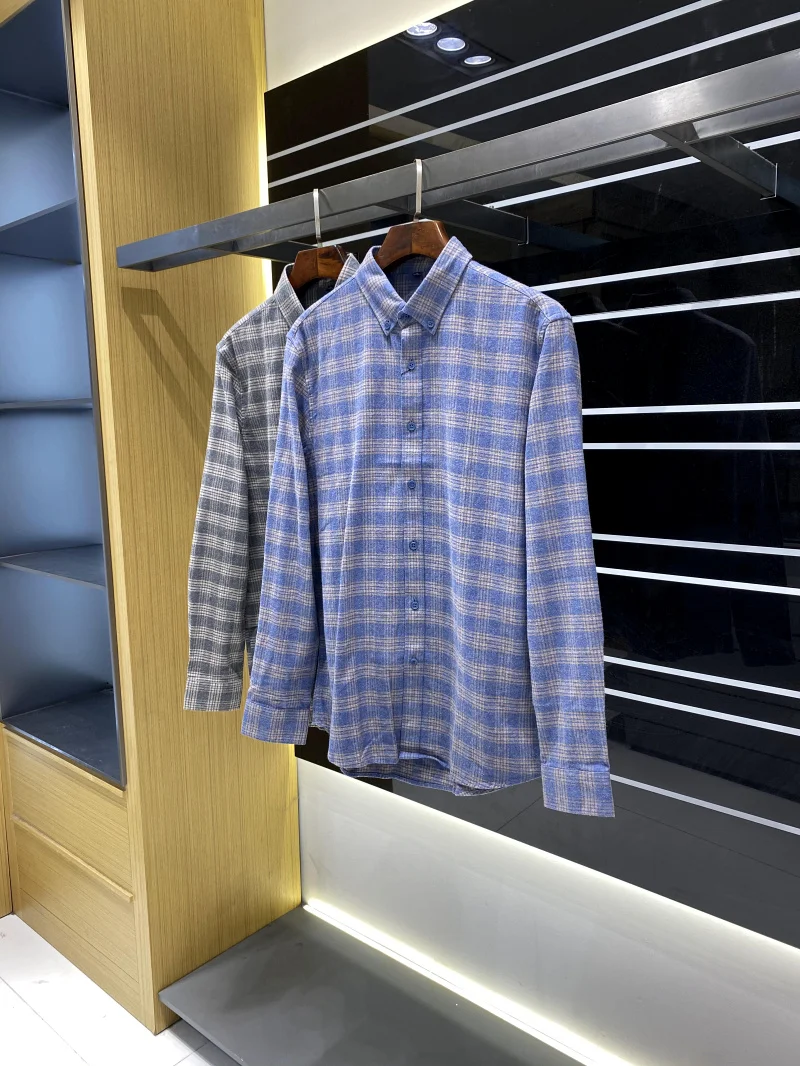 ウェイドコットンチェック柄メンズ快適通気性カジュアルロングスリーブ秋冬新作スタンドフィットボタンアップ