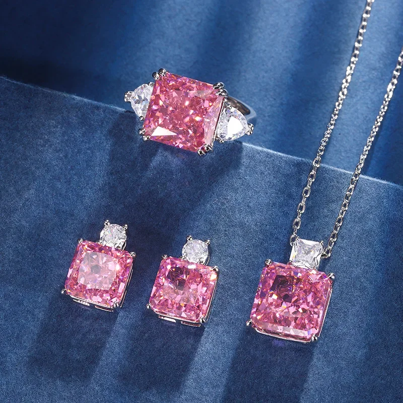

New High-end Jewelry High Carbon Diamond Ice Flower Cut Plated 18K Gold Princess Pink Diamond Set 12*12-10*10 Jewelry