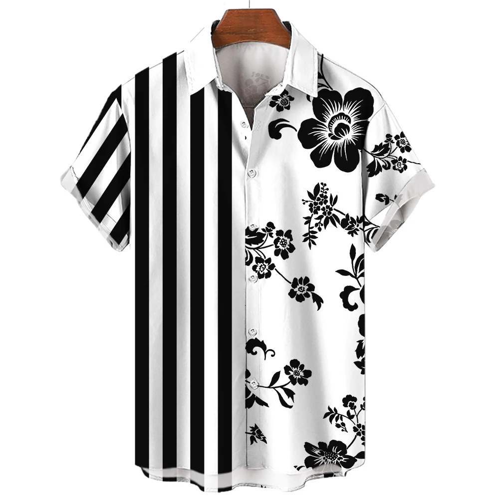 Black White Color-blocked Striped Floral Patchwork Hawaii Shirt Men's Clothes Holiday Leisure Streetwear Simple Fashion Blouse