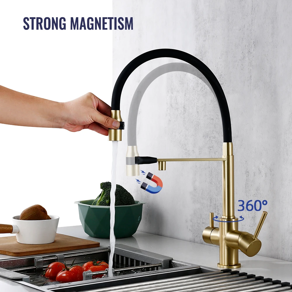 

Brushed Gold Kitchen Faucet Filter 360 Swivel Pure Water Tap for 3 Ways Kitchen Pull Out Purification Water Mixer Double Handle