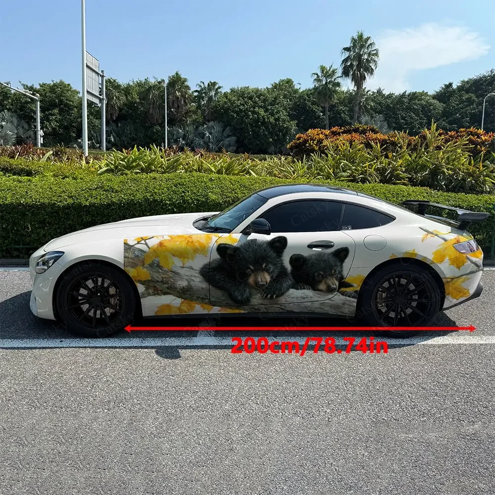 2pcs Black Bear & Golden Maple Leaves Car Side Wraps, Self-Adhesive PVC Waterproof & Scratch-Resistant Stickers, Car Accessory