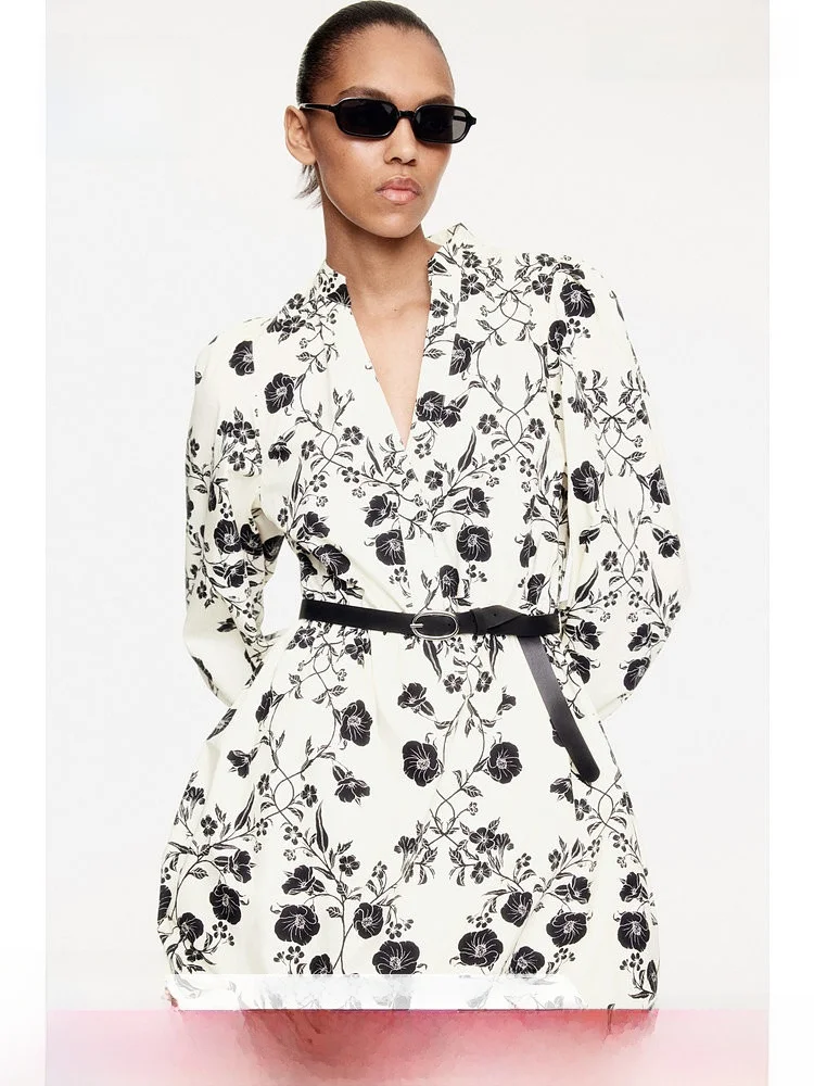 

H&M Women's Floral Dr Spring Belted Bubble Hem Design Sensation Floral Skirt Casual Sle Lantern Sve Cotton A-Line Ski...