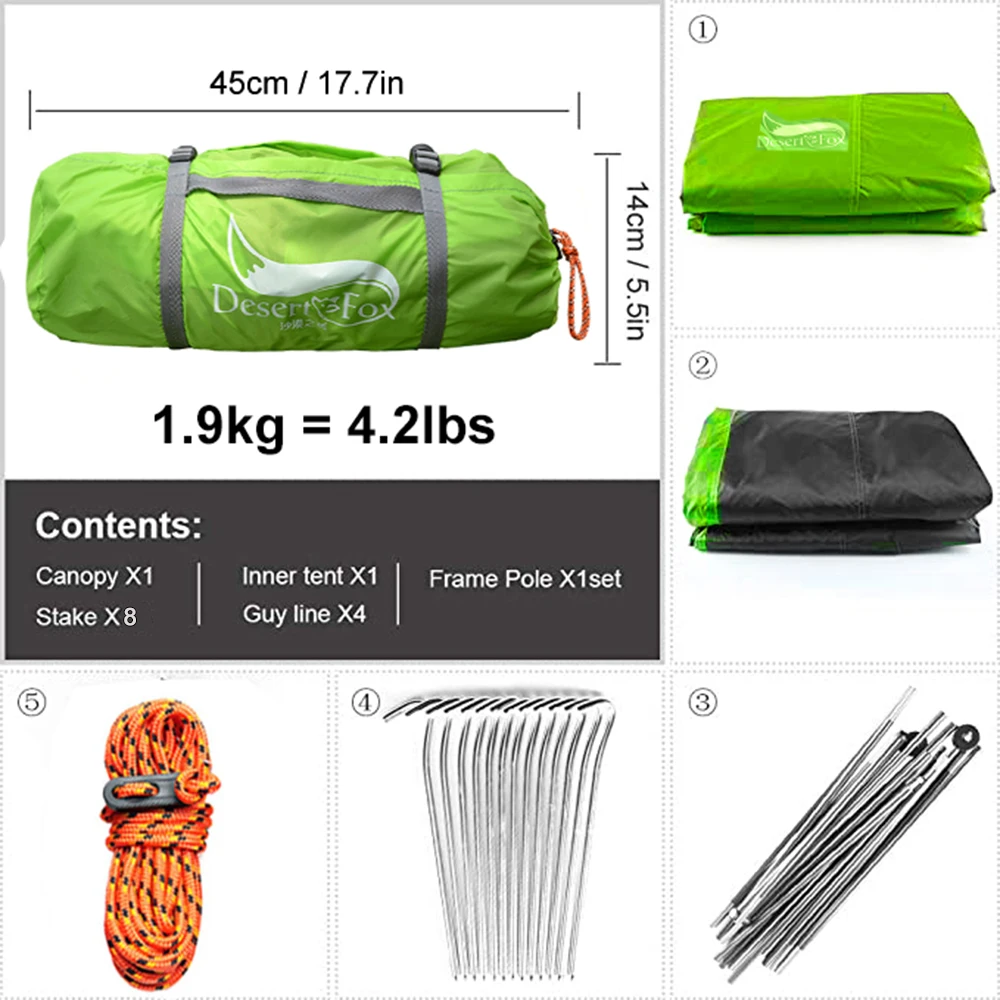 Desert Fox Camping Tent 2 Persons Outdoor Lightweight Portable Backpack Tents Waterptoof for Bycling Hiking Travelling Climbing