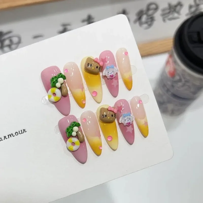 10Pcs /Set Full Cover False Nails Press on Nails Fake Nails Diy Pure Handmade Removable Summer Beach Cute Dopamine