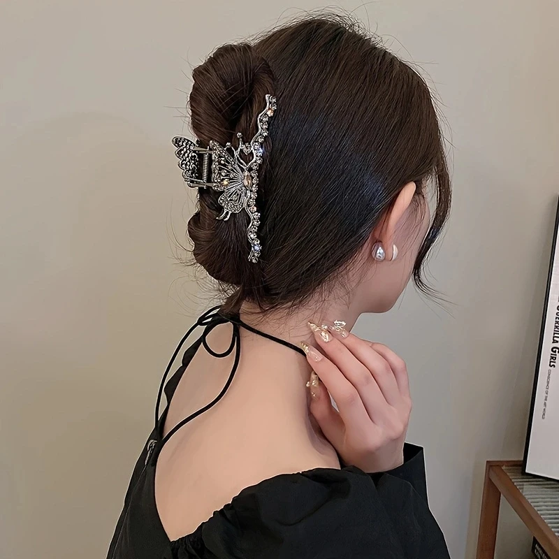 1pc zinc alloy rhinestone temperament butterfly hair ornament, elegant high-end headdress, simple and light luxury grab clip, su