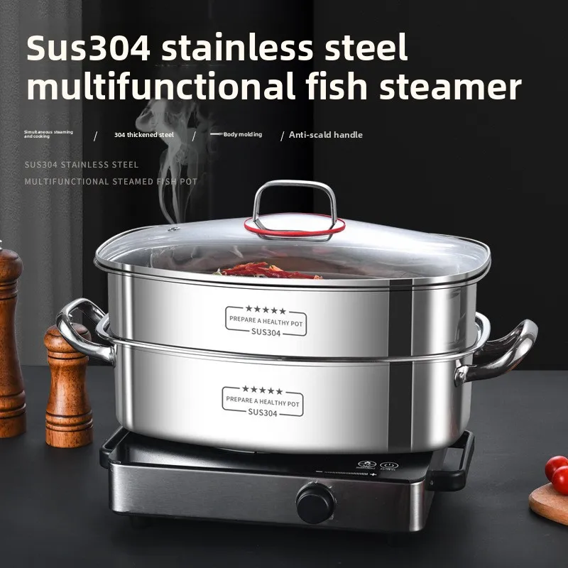 304 Stainless Steel Fish Steamer Pot Thickened Large Capacity Multi Layer Steamer Home Use Multi Layer Large Capacity