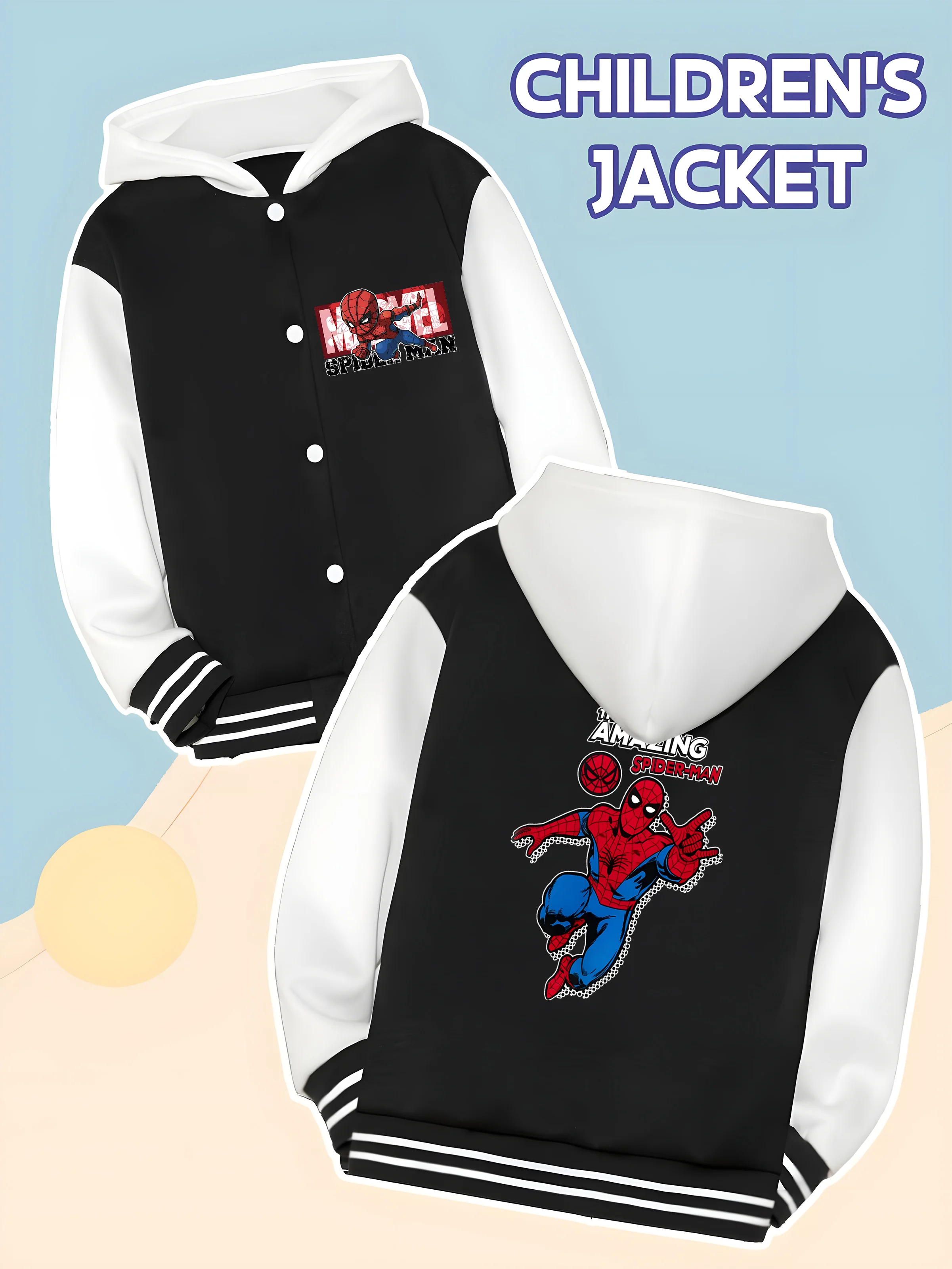 

MINISO Marvel Boys' Baseball hooded Jacket - Spider-Man "THE AMAZING" reversible graphic, soft fabric