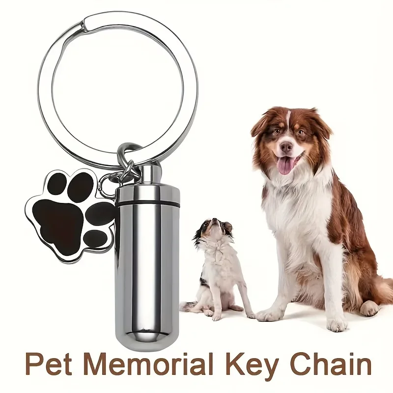 Unisex Stainless Steel Pet Puppy Dog Paw Charm Cylinder Locket Urn Keychain for Ashes Memory Keepsake Pendant Cremation Jewelry