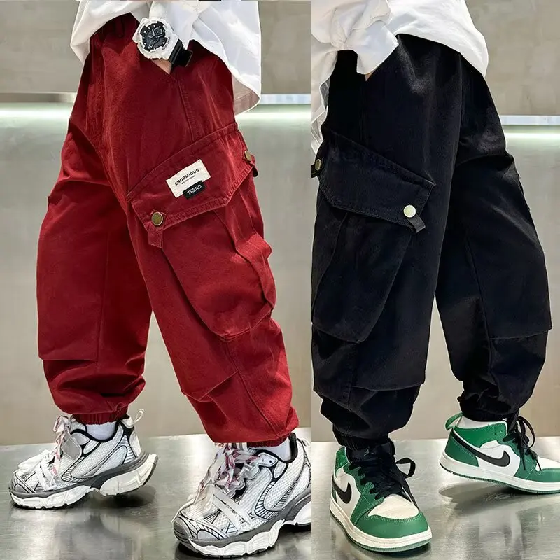 عالية الجودة الفتيان Sweatpants الخريف الاطفال سراويل تقليدية لصبي ملابس الأطفال الكورية 2025 الربيع فضفاض القطن الأحمر بنطلون