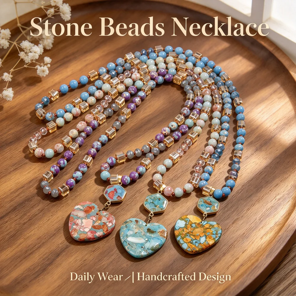 Handmade Composite Stone Beaded Long Statement Necklace For Women Heart Shape Pendant Bohemian Daily Wear Neck Jewelry
