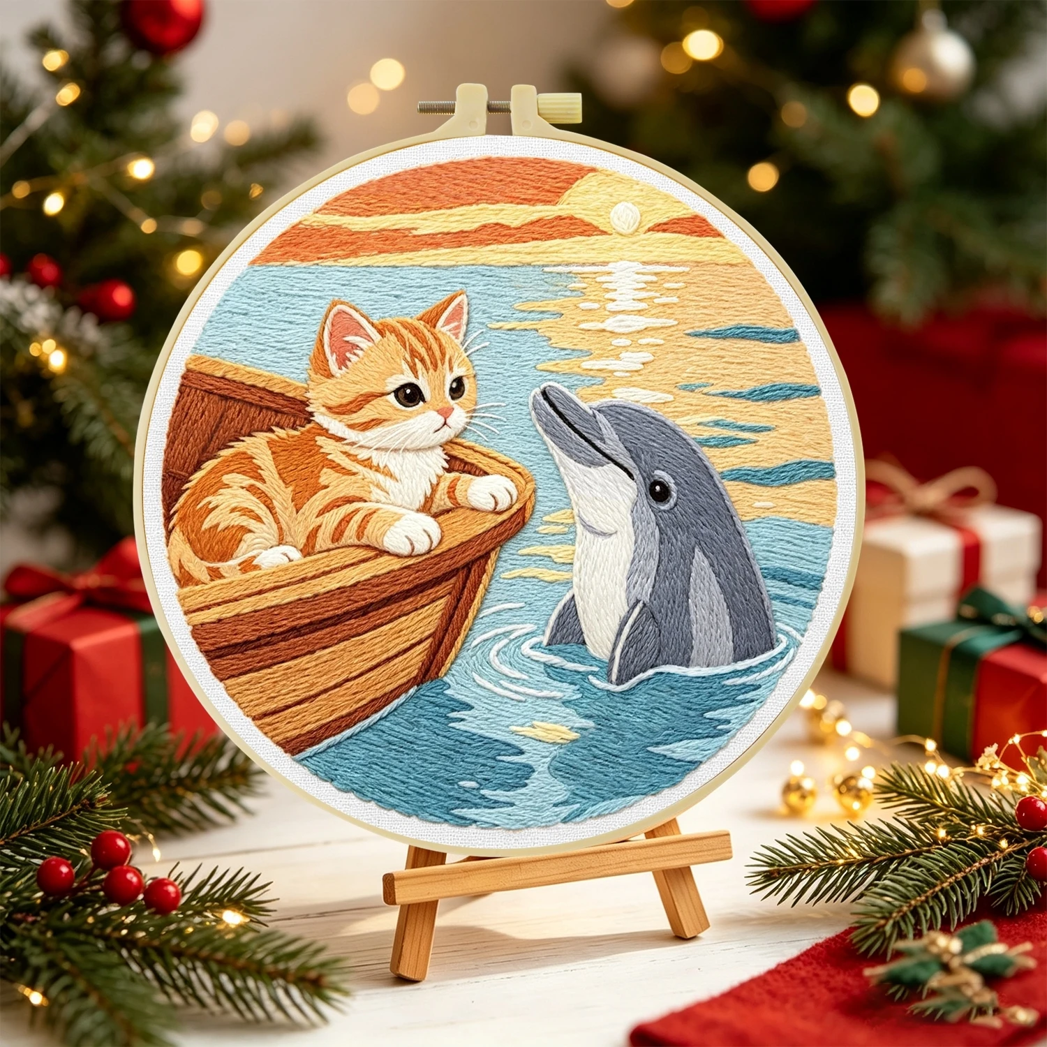1Set Cat Boat Dolphin Sunset Diy Embroidery Kit For Beginner Embroide Starter Kit Cross Stitch Art Gift Needlework Craft