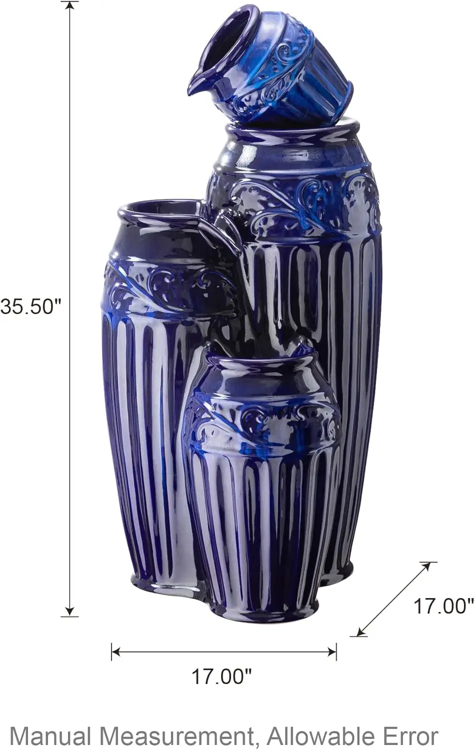 Outdoor Water Fountain with LED Lights and Pump, 4 Tier Cobalt Blue Embossed Pattern Ceramic Pots