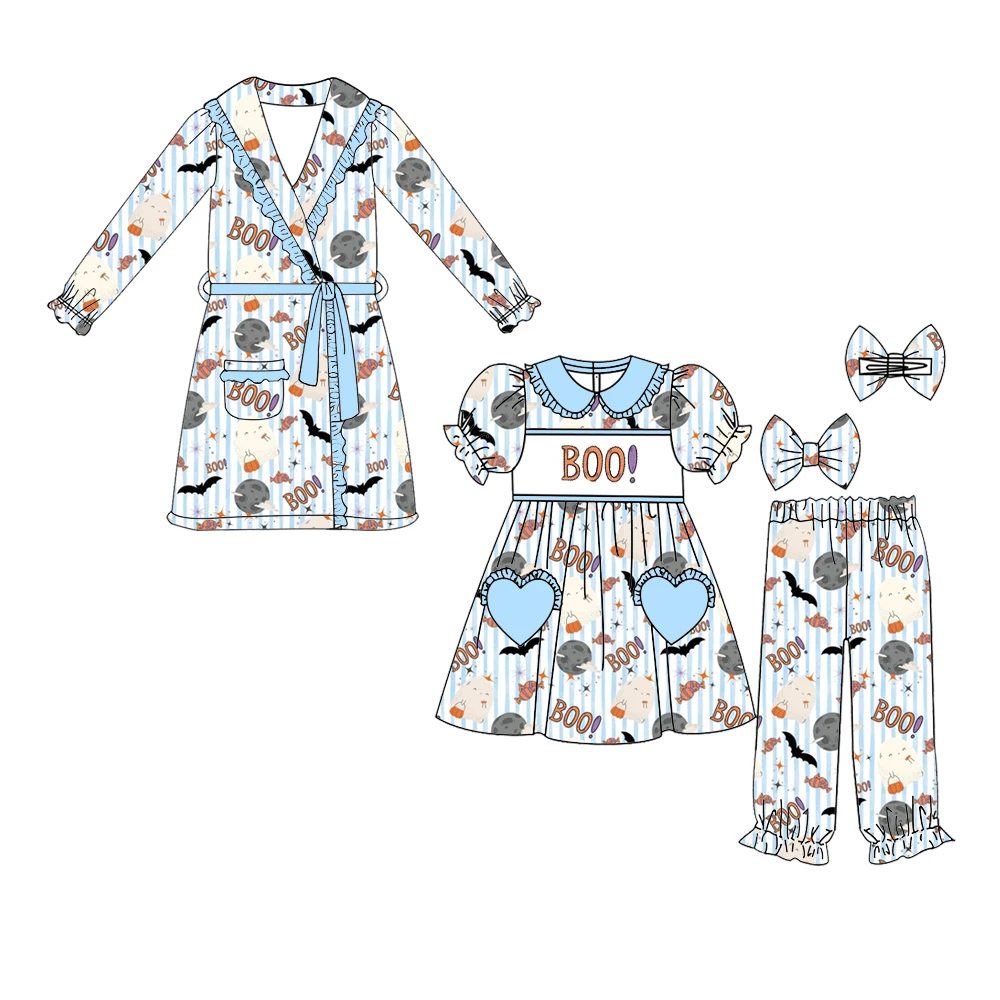Halloween 3-Piece Set Boys Long-Sleeve Top Pants and Girls Short-Sleeve Top Striped Pumpkin Print  Boutique Children Set