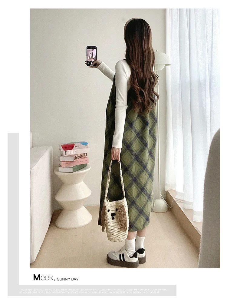 Plus Size Maternity Dress Suits Autumn Long Sleeve Slim Shirt+green Plaid Strap Dress Twinset Fashion Pregnant Woman Clothes Set