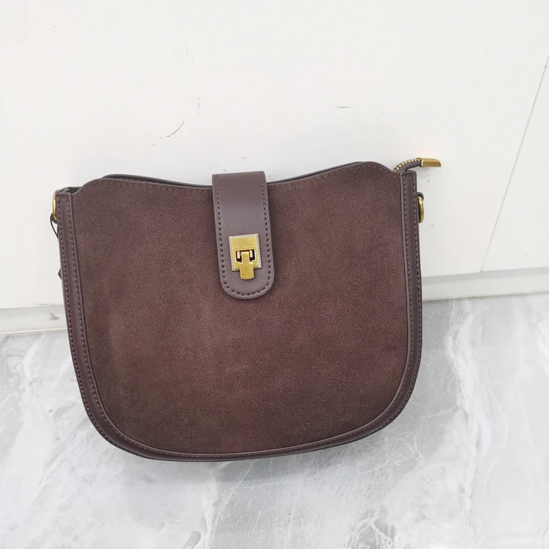 Genuine Suede Cowhide Leather Women Shoulder Crossbody Half Moon Saddle Bag Ladies Underarm Bag Luxury Designer Bucket Purse Bag