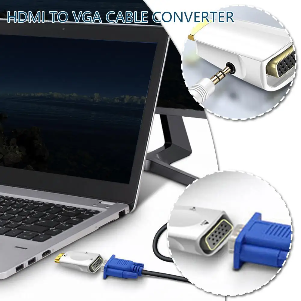 White HDMI-compatible To VGA Cable Converter Male To Famale Converter Adapter 3.5 Mm Jack Audio HD 1080P For PC Laptop Tablet