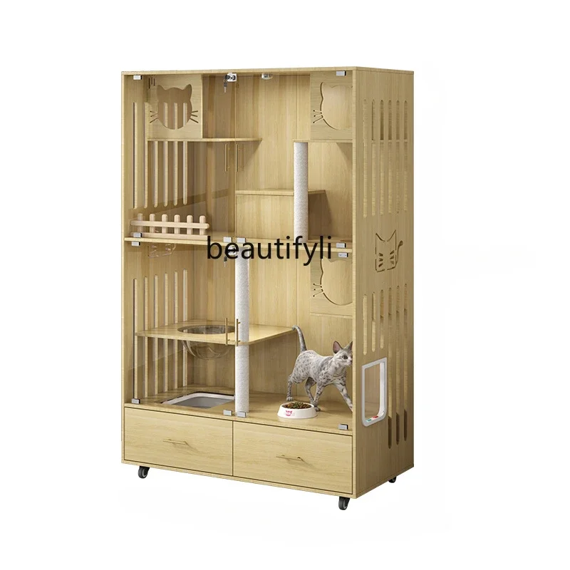 Cat Villa with Toilet Integrated Cat House Indoor Cat Cage Large Space Solid Wood Cabinet