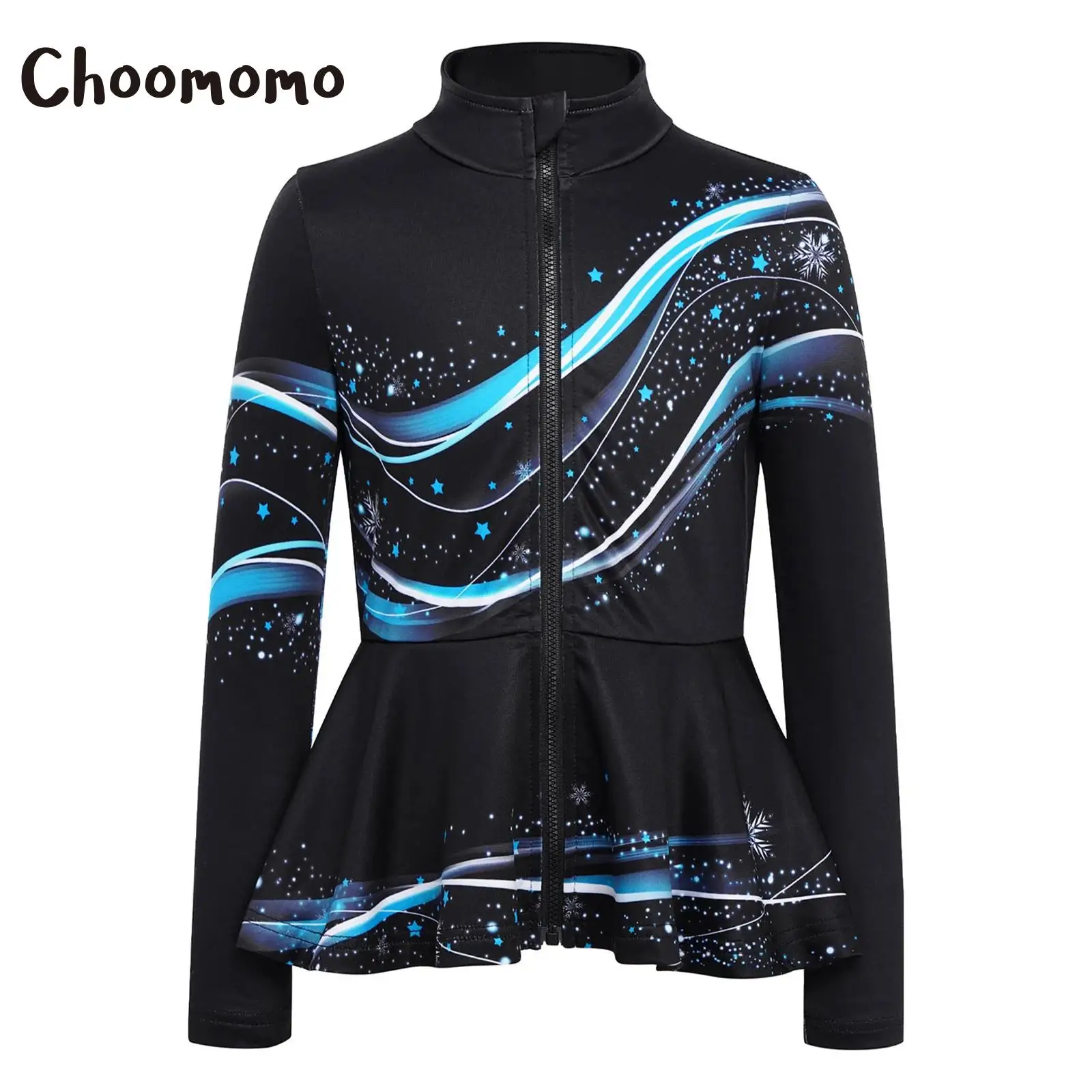 

Girls Winter Fleece Figure Skating Jacket Stylish Print Long Sleeve Zipper Peplum Sweatshirt Ballet Dance Gymnastics Outerwear