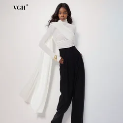 VGH Solid Casual Irregular Chic T Shirts For Women Turtleneck Long Sleeve Minimalist Slimming T Shirt Female Fashion Style New