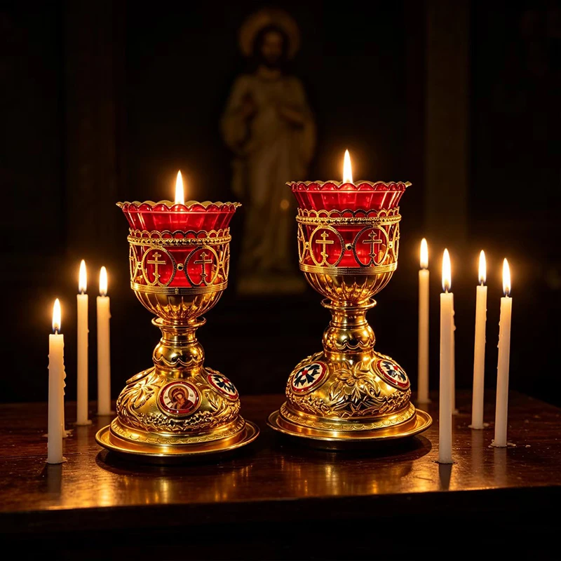 Exquisite Hand Inlaid Cloisonne Gold Ornament Ruby Red Glass Chalice Cross Medallion Tabletop Display Collectible Sacred Gift