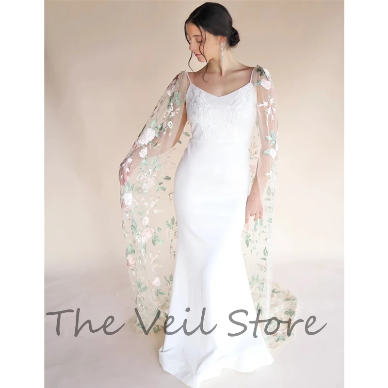 Floral Bridal Cape Shoulder Veils Ivory W hite Cathedral LongWild Flowers Wedding Draped Veil for Brides Colorful Secret Garden