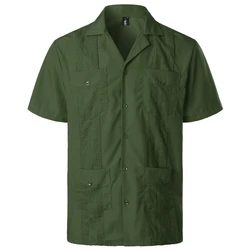 Camisa cubana de manga corta para hombre, camisa con botones, cuello de solapa, bordado, estilo caribeño mexicano, playa, boda