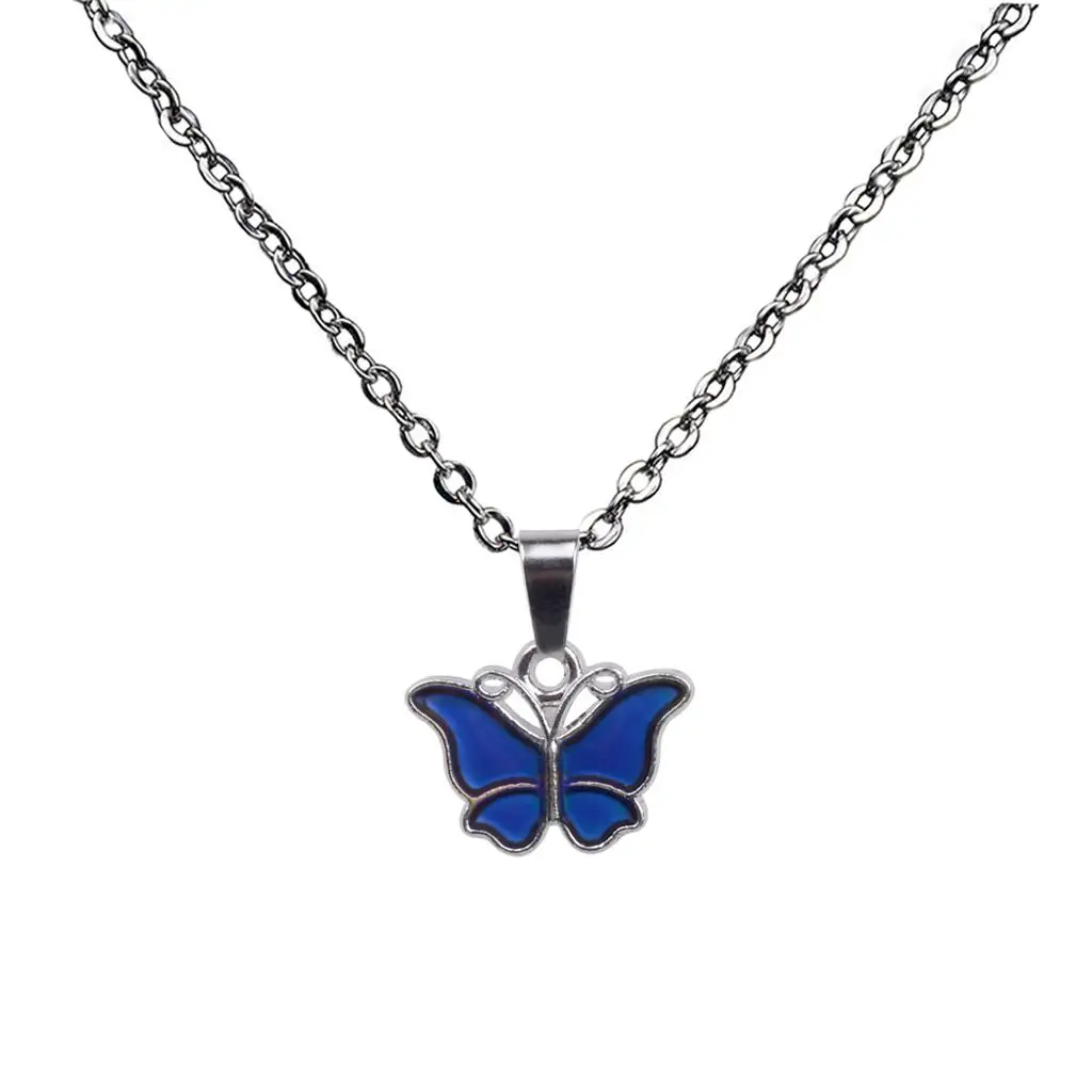 Emotion Feeling Color Change Necklace Butterfly Pendant Stainless Steel for Women Jewelry