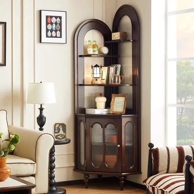 American Retro Solid Wood Antique Style Living Room Corner Cabinet Triangular Wall Shelf French Style Walnut Storage Rack