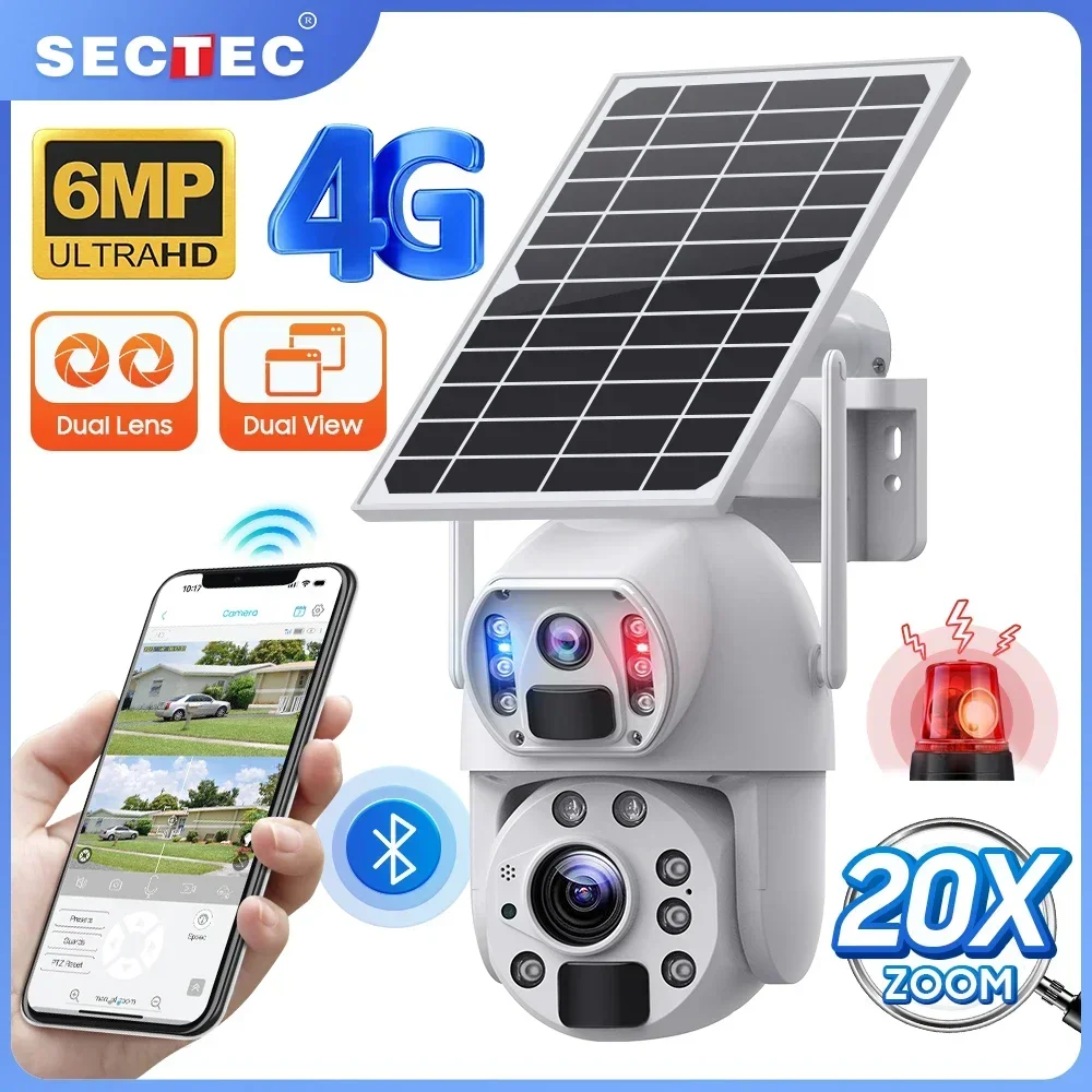 

SECTEC Новая 4G камера с 20-кратным зумом, IP66, металлический корпус, солнечная панель 10 Вт, 4G, 6 МП, 20000 мАч, двойной объектив, лазерная инфракрасная лампа, уличная 4G камера на солнечной энергии