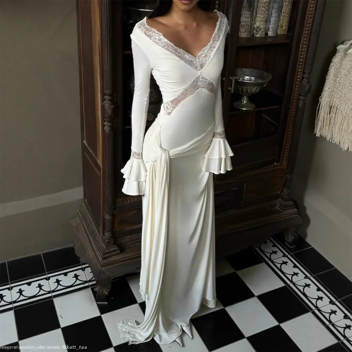 Dresses Women Party Long Dress Lace A Line Backless V Neck Flare Sleeve Sexy Maxi Gown Autumn 2025 Floor Length Vestidos