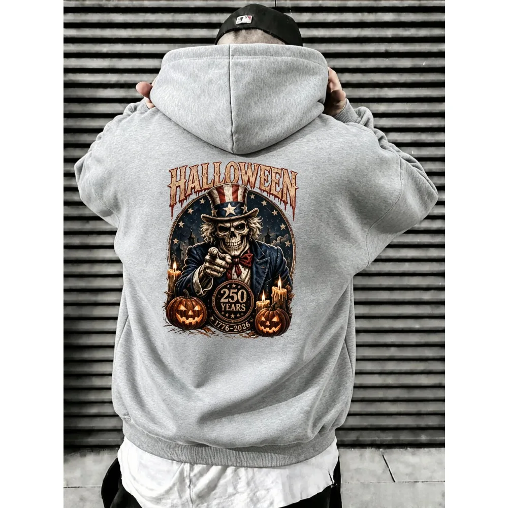 Vintage American Halloween Uncle Sam Skull Pumpkin Back Print Hoodie Men Women Same Style Loose Heavyweight Spring Autumn