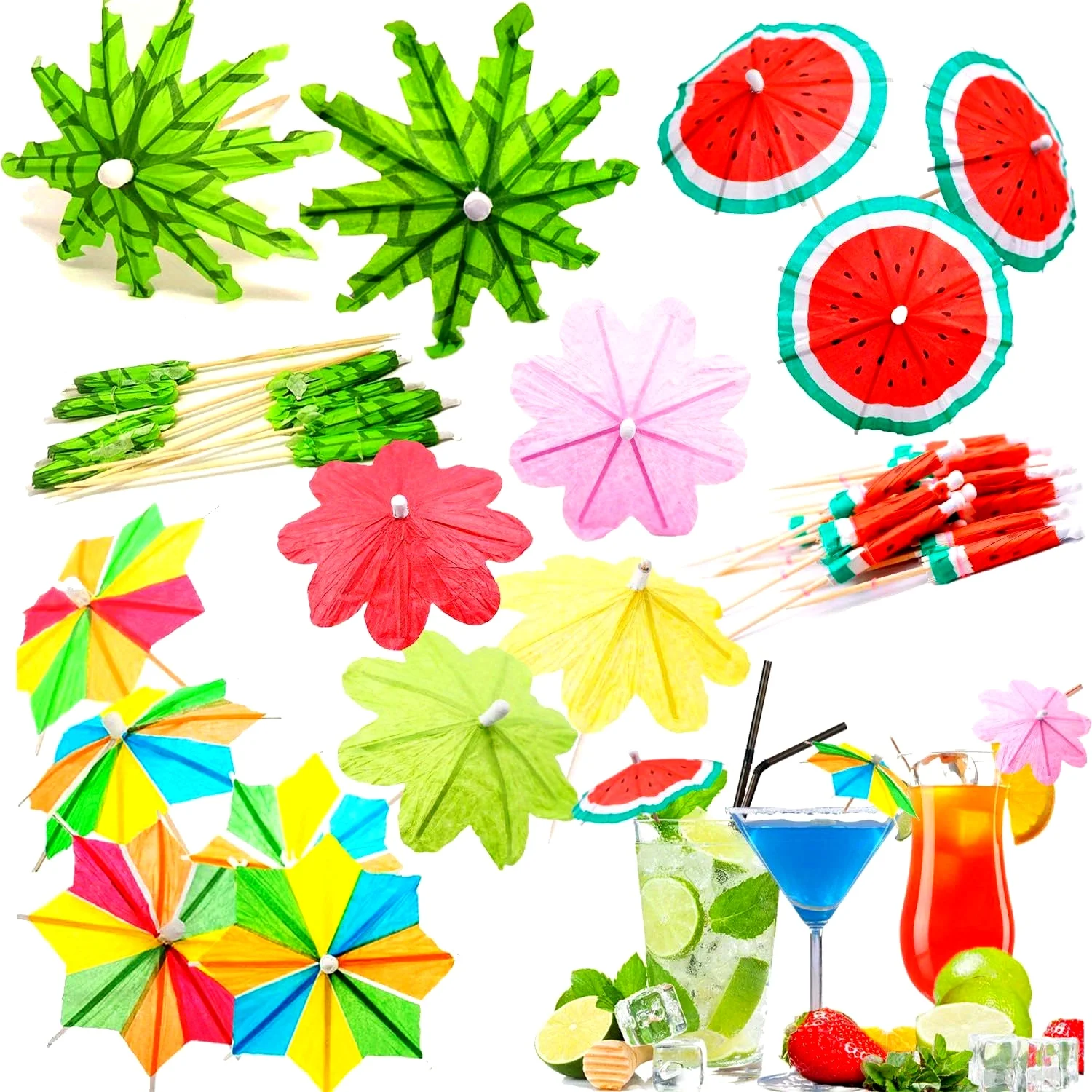 Image of 100PCS Hawaii Party Decor Papier Cocktail Regenschirm Pick Einweg Obst Trinken Topper für Strand Cocktail Liefert