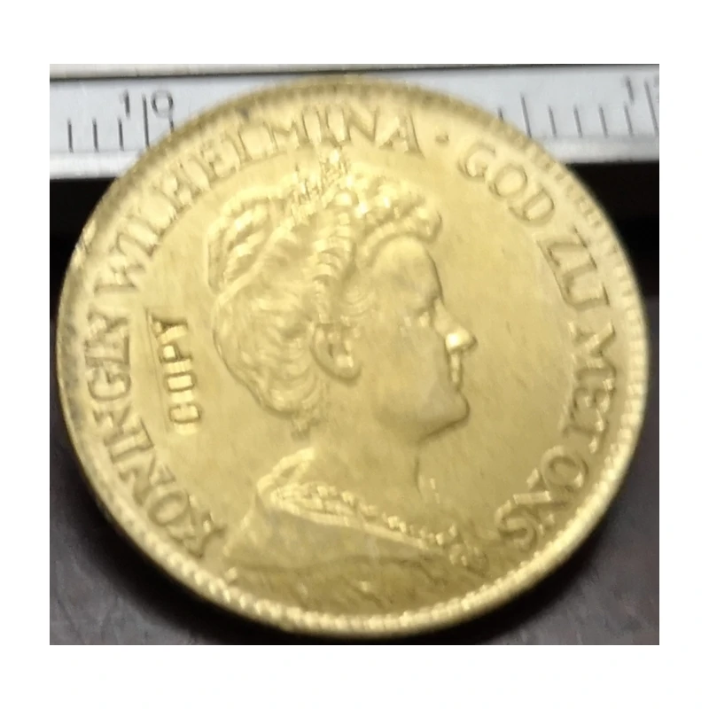 1913 Netherlands 10 Gulden - Wilhelmina exact copy 22K Gold plated coin