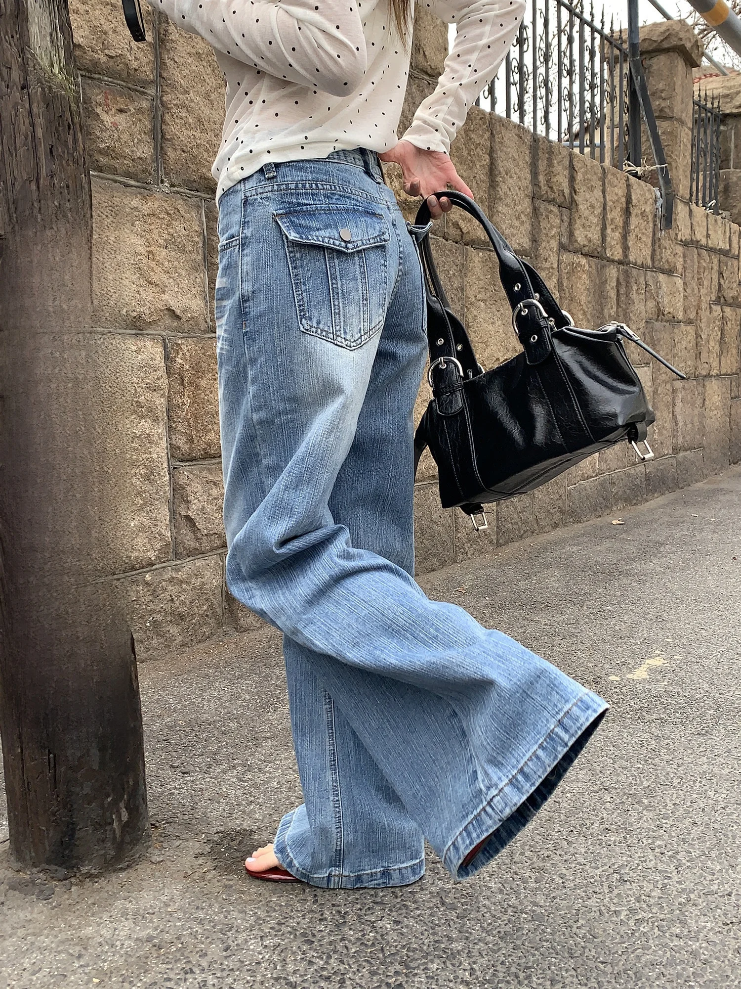 

Sinbounboun Vintage Blue Jeans Wide Leg Pants High Waist Casual Floor Length Trousers Women's Denim Jeans Spring Season