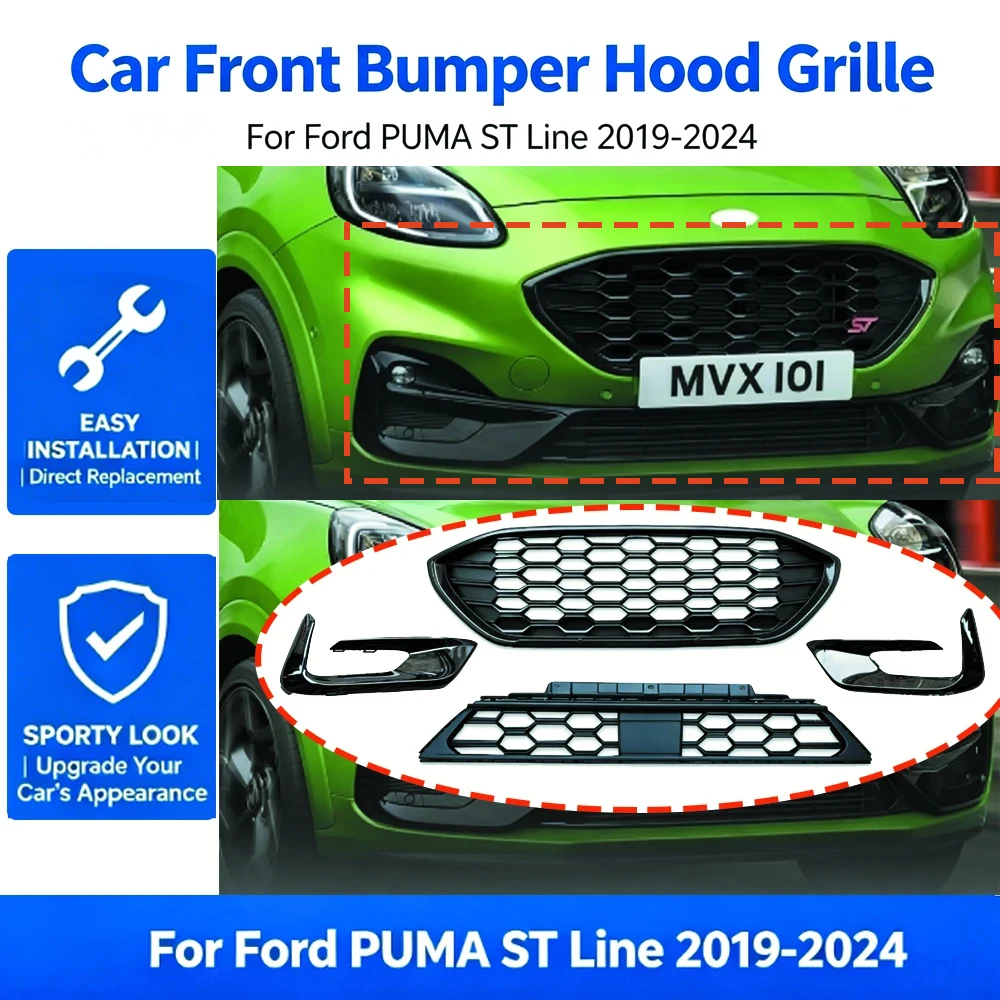 

Car Front Bumper Hood Grille for Ford PUMA ST Line 2019-2024 Fog Lamp Frame Lower Mesh Grill Cover Trim Auto Accessories Tuning
