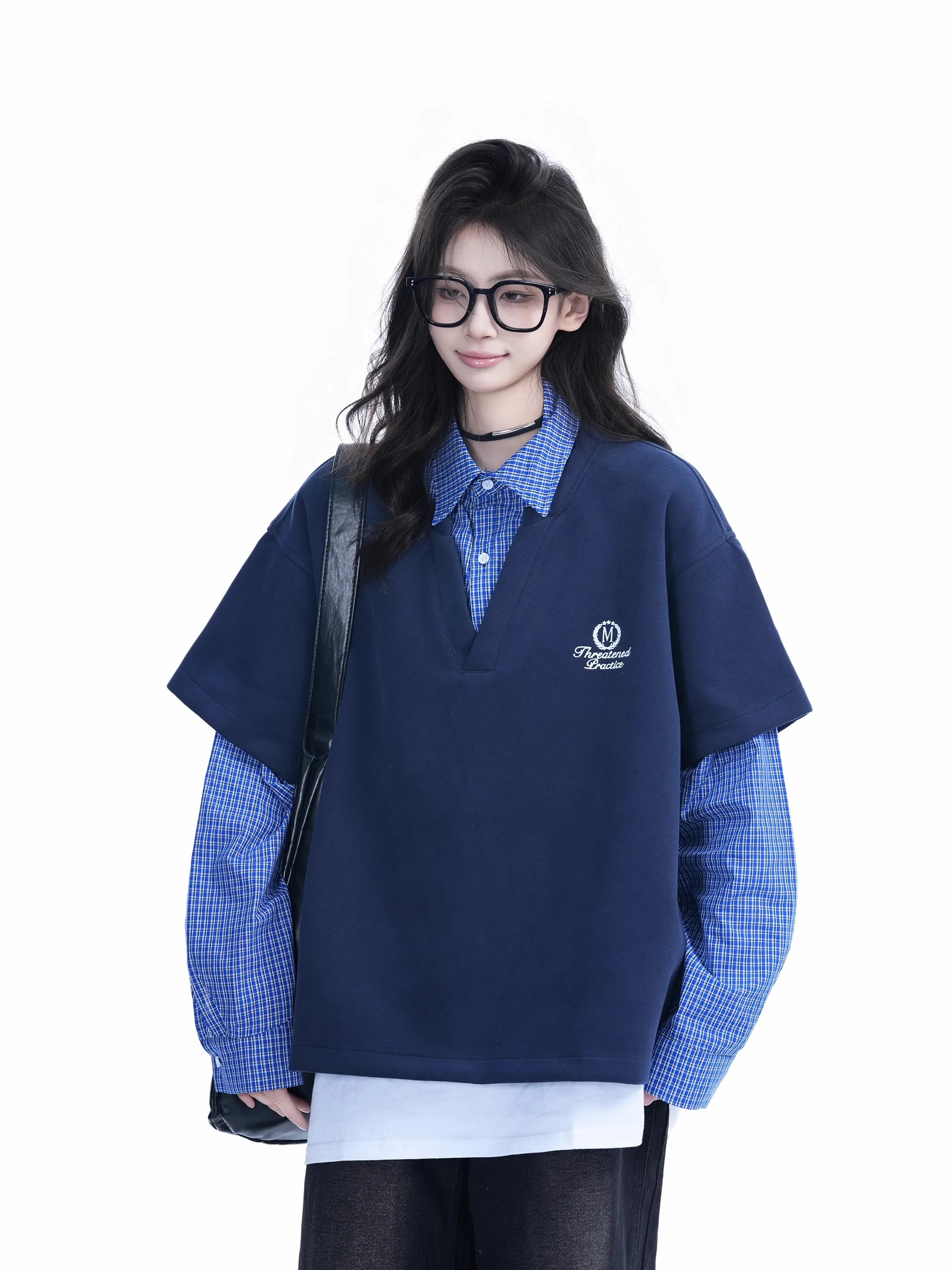 American College Sle Patchwork Fake Two-Piece Sweatirt Casual Long Sve  irt Collar ex Comfortable Fit Hoodie