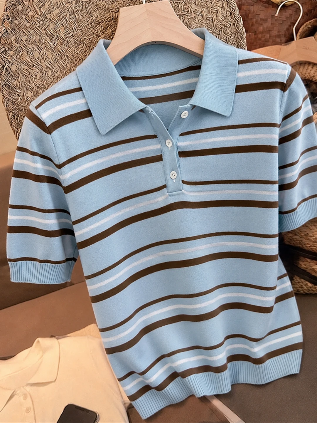 

Summer Commute Style Women's Knitted Neck Ice Silk Stripe Color Block Knitwear Short Sleeve Casual Fashion Top
