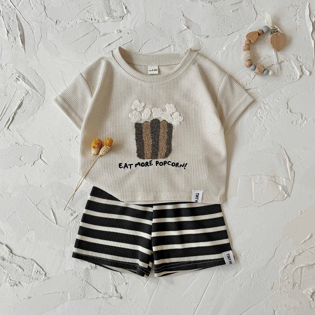 Summer Baby Cartoon Popcorn Pattern Short Sleeve T-Shirt And Stripe Shorts Set Cute Casual Baby Outfit Two-Piece Ensemble 0-3Y