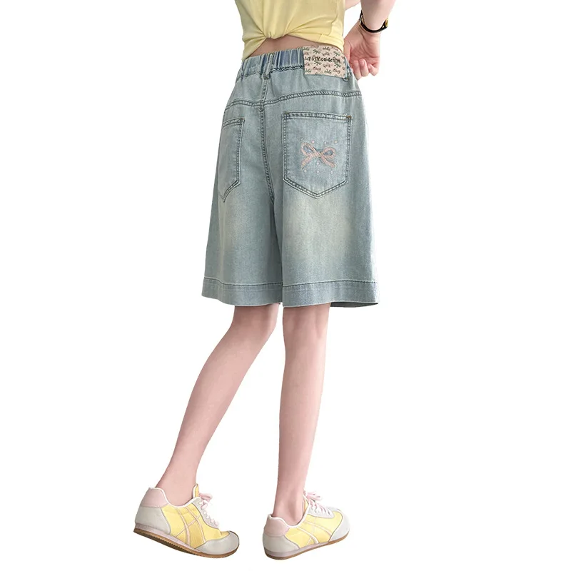 سليم صالح الاطفال الدنيم السراويل الجيب الخلفي مع القوس للمراهقات عارضة الصيف السراويل الأطفال بارد الشارع الركبة عارضة السراويل #6