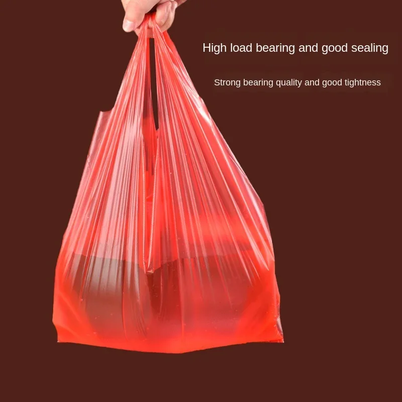 50pcs Red Plastic Bag Supermarket Grocery Gift Shopping Bag Thicken with Handle Vest Bag Kitchen Storage Clean Garbage Bag