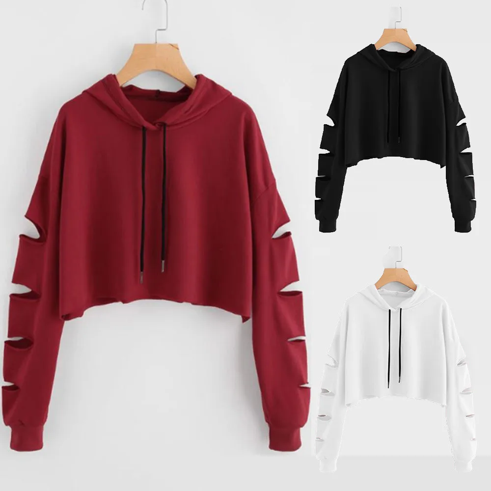 Y2K Solid Hollow Hoodie Woman Sweatshirt Long Sleeve Drawstring Short Tops Round Neck Sweatshirt Hooded Casual Daily Wear 2024