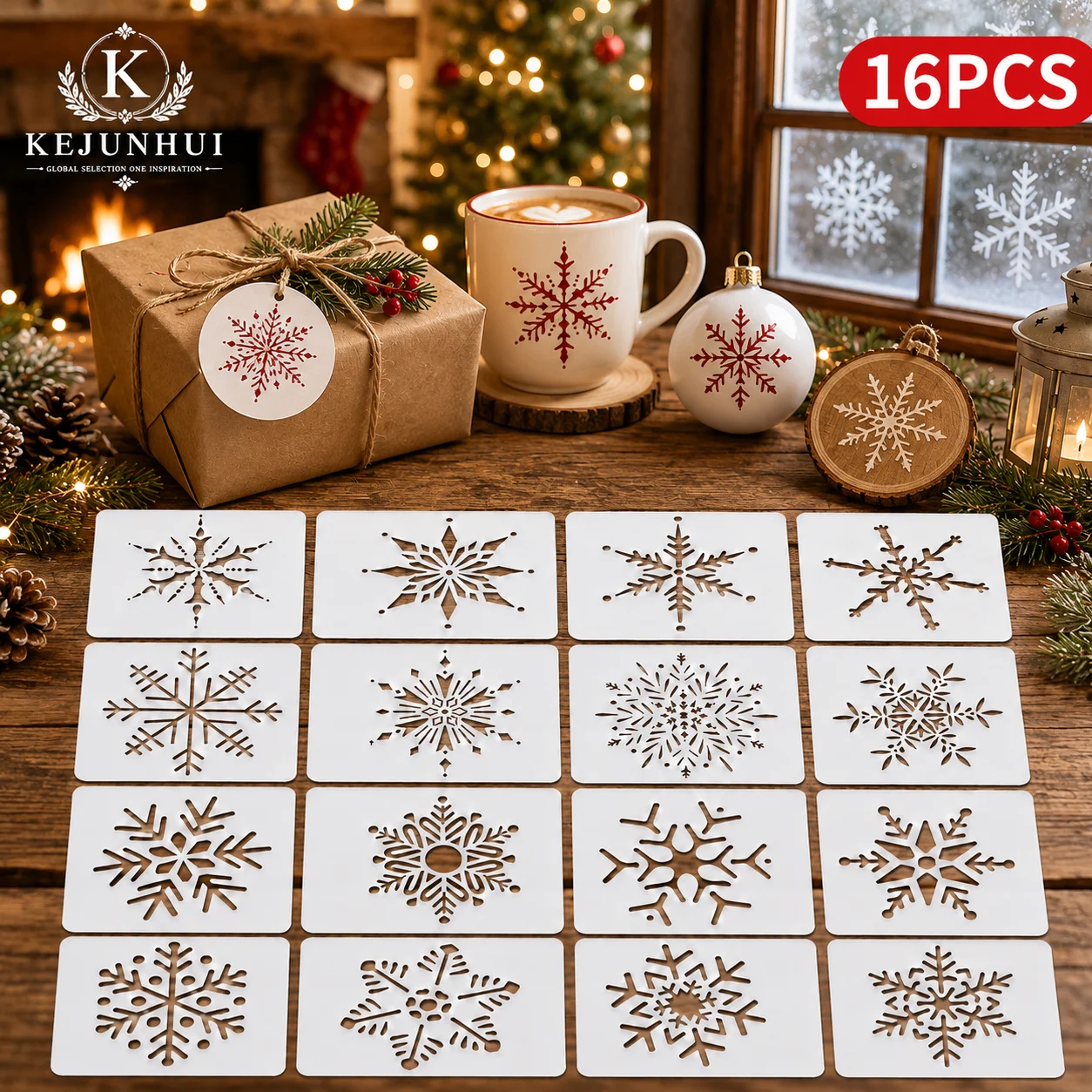 16Pcs Snowflake Stencils Reusable PET Christmas DIY Painting Templates for Gift Wrap Cup Wood Fabric Glass Wall Holiday Crafts