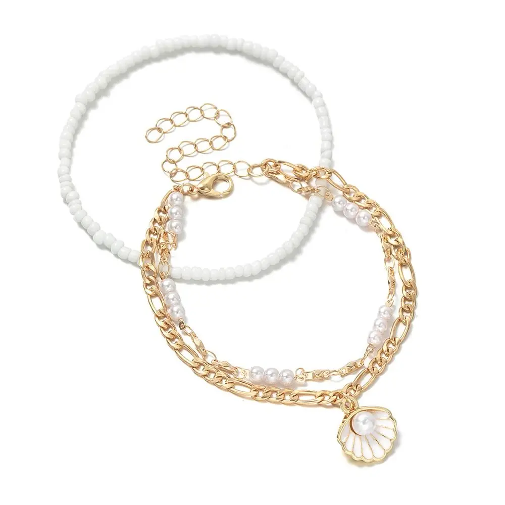 2 pçs presente concha boho tornozeleira conjunto elástico arroz contas pé jóias vieira praia charme tornozeleira para férias de verão wear