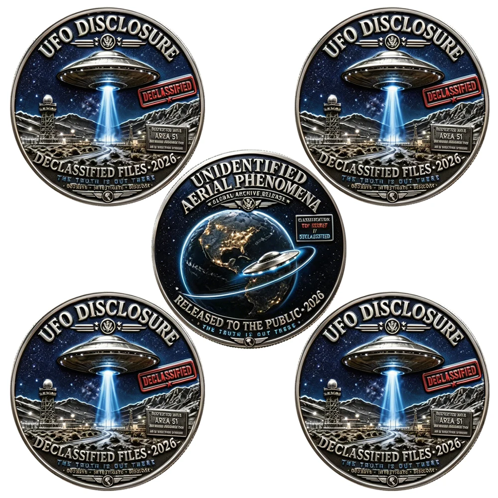 5pcs 2026 UFO Disclosure Declassified Files Challenge Coins Area51 Base Global Earth UFO Commemorative Coin Collectible Gifts