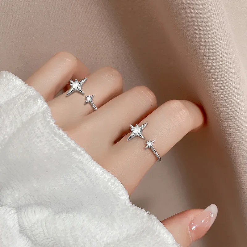 Women's 925 Sterling Silver Four-Pointed Star Zircon Ring