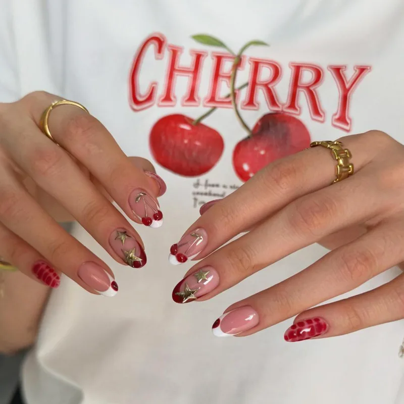 

24Pcs 3D Cherry Star Fake Nails with Red French Smudge Design Press on False Nails Short Almond Detachable Full Cover Nails Tips