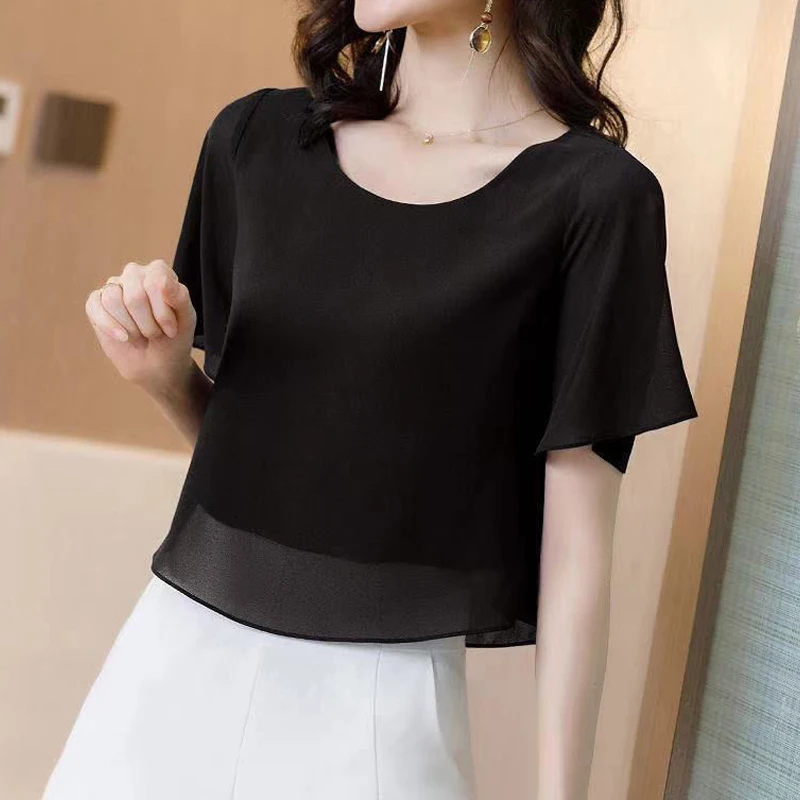 Chiffon Short Sleeve Asymmetrical Blouse Summer New Thin O-neck Solid Loose Office Shirt Tops Vintage Fashion Women Clothing