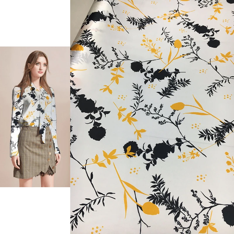 Silk Fabric Fresh White Background Hand Painted Twigs and Floral Prints Wide Stretch Satin Mulberry Silk Dress Fabric Per Meter